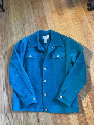 Chaqueta de Cuero Gamuza Turquesa Estilo Trabajo C/WS Pequeña Manga Larga Botones Plateados Foto 1 de 4