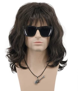 70s 80s Punk Rocker Party California Wig Men Women Long Wave Dark Brown Hallo... - Picture 1 of 4