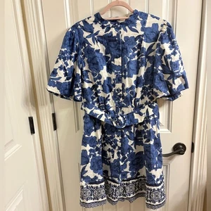 Joie Blumen Puffärmel blau weiß Blumen Popeline Gürtel Kleid neu ohne Etikett Größe 12 - Bild 1 von 11