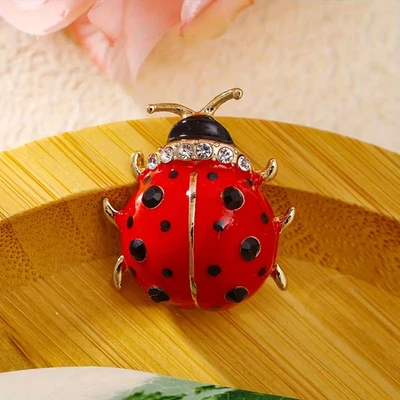 Sparkling Rhinestone Ladybug Brooch Pin Coated Red & Black Insect Jewelry - Image 1 of 4