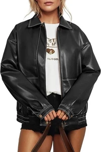 XXL NEU Lederjacke Damen Oversized Faux Motorrad Mäntel Mode Bomber Reißverschluss - Bild 1 von 5