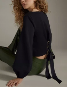 Anthropologie Maeve Black Balloon Sleeve Tie Back Corset Sweatshirt Top Sz M - Picture 1 of 4