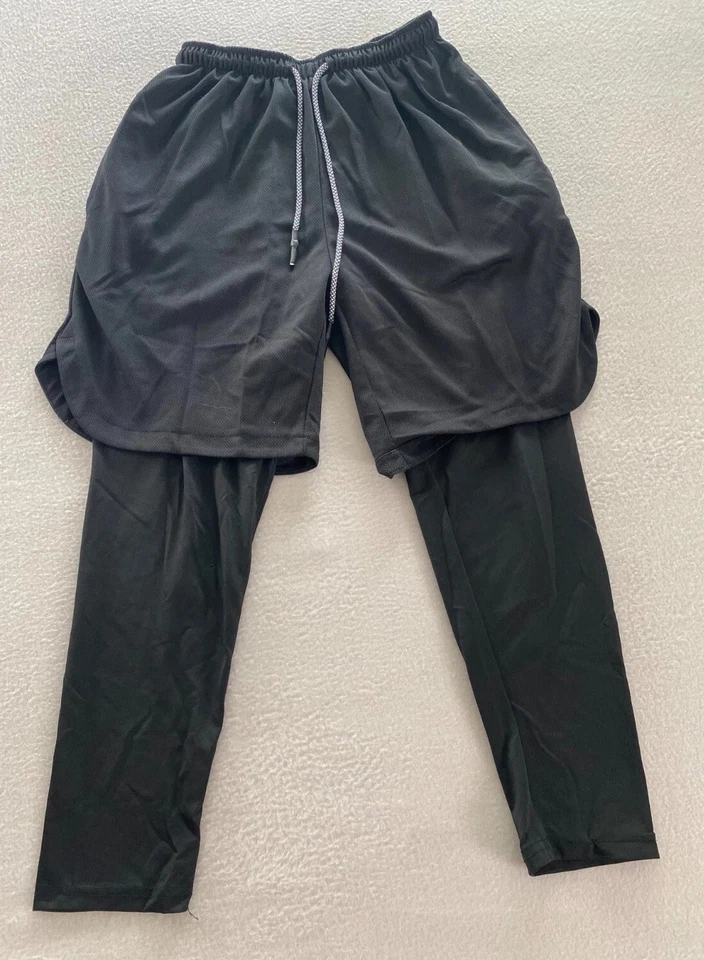 2合1压缩打底裤和短裤男孩中号黑色抽绳拉链口袋 — 第 1/4 张图片