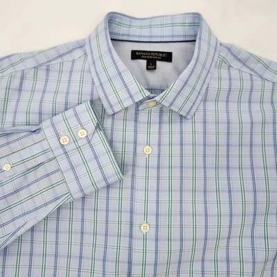 Banana Republic Mens Non Iron Slim Fit Dress Shirt Large Light Blue Green Plaid - Image 1 of 4