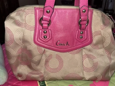 COACH SIGNATURE SHOULDER HOBO TOTE HANDBAG PINK LEATHER TRIM CONVERTIBLE F20027 - Image 1 of 4