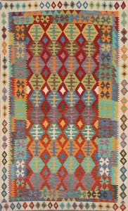Geometric 7x10 Reversible Kilim Colorful Area Rug Wool Hand-Woven Kelim Carpet - Picture 1 of 10