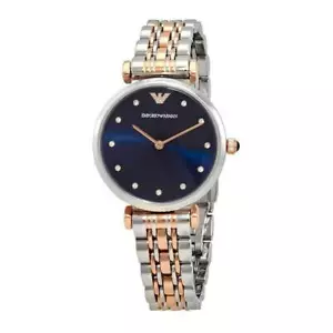 Emporio Armani Gianni T-Bar Silver Rose Gold Blue Crystal Women's Watch AR11092 - Picture 1 of 4