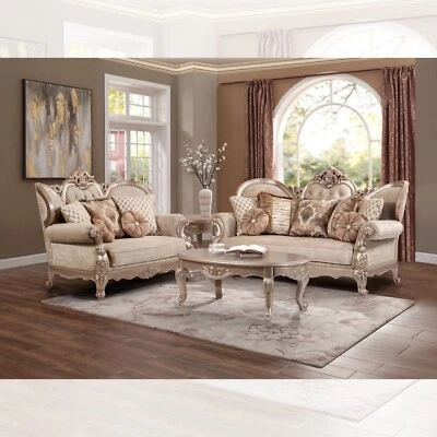 LUJO Sofá Champagne Plata Sofá Loveseat Tela Madera Tallada Regal Conjunto Tradicional Foto 1 de 4