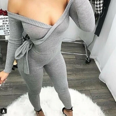 Damen Tiefer V-Ausschnitt Eng Overall Bandage Body Langärmlig Schmal Schulter - Bild 1 von 4