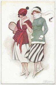 1920 Artista Firmado Art Deco Glamour Niñas, Ropa de Moda, Raqueta de Tenis, Sombreros - Imagen 1 de 2