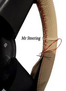 FOR LAND ROVER SERIES 2 BEIGE PERFORATED LEATHER STEERING WHEEL COVER RED STITCH - Picture 1 of 2