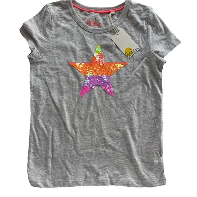 MINI Boden Girls 5-6Y Grey Short Sleeve Neon Sequin Star T Shirt School NWT - Image 1 of 4