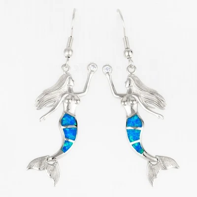 Pendientes colgantes sirena océano azul ópalo de fuego plata joyería Foto 1 de 4