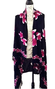 Black Flower Shawl Wrap Scarf with Fringe Edges Pre-Owned Vintage  - Picture 1 of 7