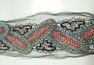 Band Embroidery Pearl Of Luneville Roses Sequins On Tulle Handmade 1900 - Picture 1 of 2