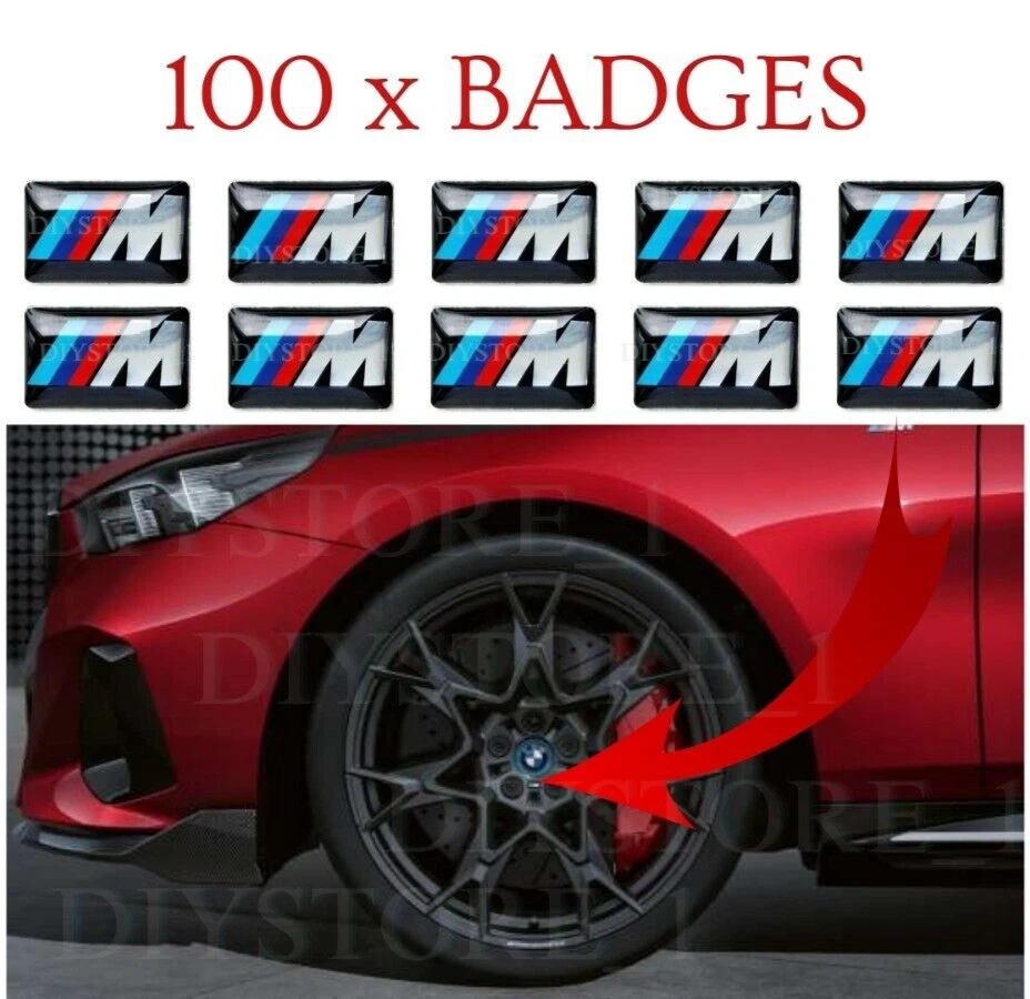 100 X M SPORT PERFORMANCE ALLOY WHEEL BADGE STICKER EMBLEM DECAL BMW 17MM X 9MM - Image 1 of 3