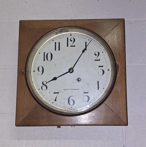 ANTIQUE SETH THOMAS WALL/ GALLERY CLOCK WITH PENDULUM & KEY WORKING 16" SQUARE - Picture 1 of 15
