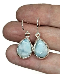 Teardrop Larimar Earrings, Blue & White Stone, Dolphin Stone, Stone of Atlantis - Picture 1 of 6