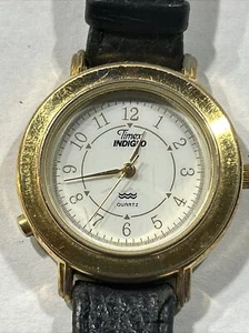 Timex Indiglo Watch Women Gold Tone Round Black Leather Band For Parts - Picture 1 of 8