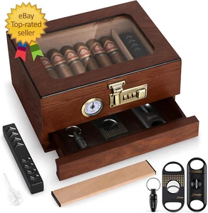 Zigarren Humidor, Zedernholz Humidor Zigarrenkiste, Glasplatte Schreibtisch Humidor mit Front - Bild 1 von 5