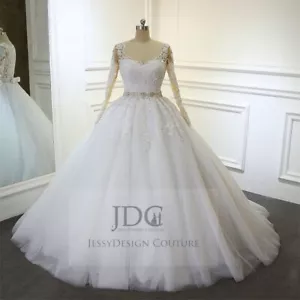 Klassisches Brautkleid Ballkleid Langarm Ivory Maßanfertigung Kristallen Perlen - Bild 1 von 6