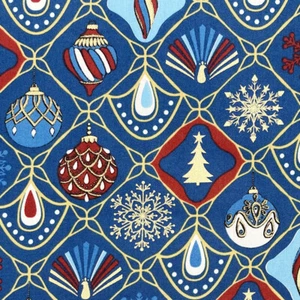 Christmas Fabric Retro Baubles Snowflakes Navy Blue Craft Fabric Material Metre - Picture 1 of 5