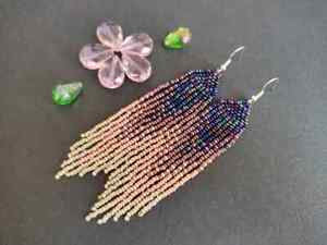 Navy blue Handmade Beaded Earrings Fringe Dangling Earrings Seed bead earrings