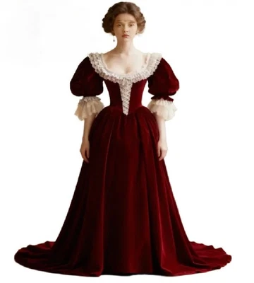 Retro Dark Red Medieval Wedding Dress Elegant Velvet Puff Sleeve Bridal Gowns - Image 1 of 3