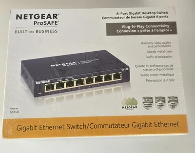 NETGEAR GS108 ProSafe 8 Port Gigabit Desktop Switch - New Unmanaged, Metal Case - Image 1 of 4