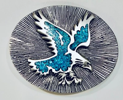 DE COLECCIÓN AÑOS 80 PLATA INCRUSTACIONES APLASTADO TURQUESA ÁGUILA HEBILLA DE CINTURÓN Foto 1 de 2
