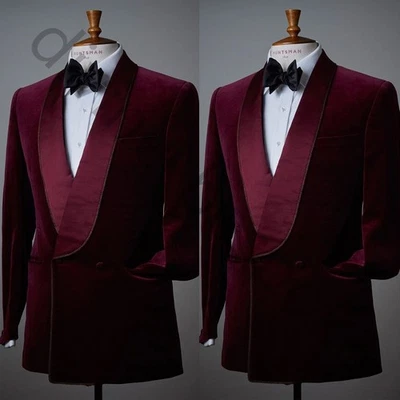 Burgundy Velvet Men's Suits Formal Wedding Groom Tuxedos Party Prom Two Pieces - Image 1 of 4