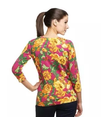 Suéter Cárdigan ISAAC MIZRAHI Talla M Rosa Verde Amarillo Naranja Floral Manga 3/4 Foto 1 de 4