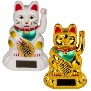 Glückskatze Solar Winkekatze weiß Gold Maneki Neko winkende Katze Glücksbringer - Bild 1 von 3