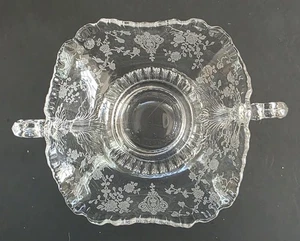 Cambridge Glass "Rose Point" Etched Glass Dish with 2 Handles and Ruffled Edge - Picture 1 of 5