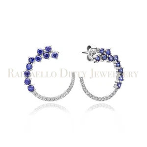 1.41 Ct Diamond and Blue Sapphire Hoop Earrings in 14k Whiite Gold For Women - Picture 1 of 8
