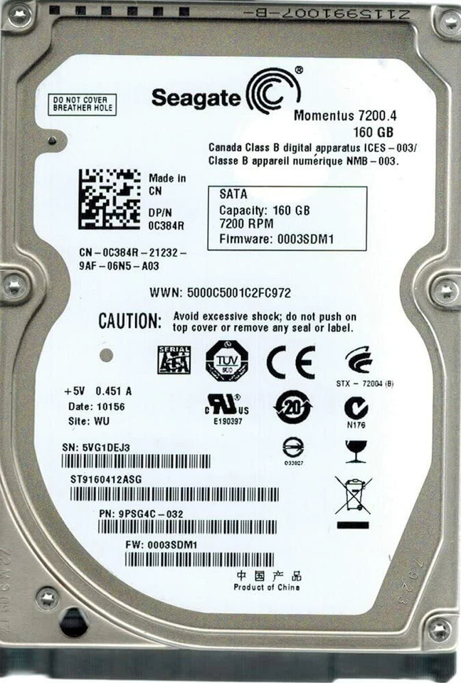ST9250315ASG Seagate Momentus 7200.4 160 GB,Internal,7200RPM 2.5" SATA 655-1570B - Image 1 of 1