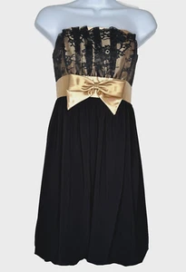 VTG 90s Jessica McClintock Gunne Sax Mini Dress 5 Black Gold Lace Bow Hoco Prom - Picture 1 of 10