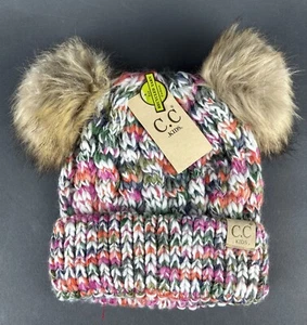 C.C Kids MULTICOLOR KNIT WINTER HAT BEANIE with Faux Fur Pom Poms - Picture 1 of 2