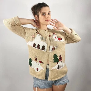 Cardigan vintage anni '90 M pupazzo di neve albero di Natale a maglia grossa cotone - Foto 1 di 6