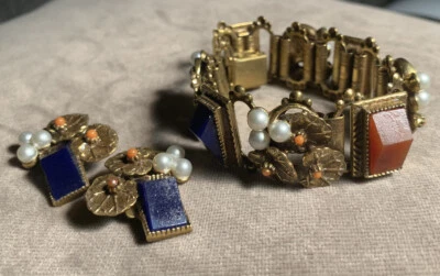 "Juego de pulsera y pendientes de 7"" estilo austrohúngaro checo de latón y panel de vidrio" Foto 1 de 4