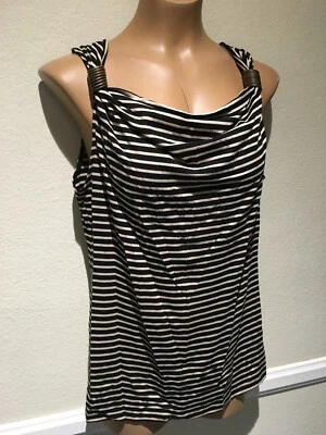 Kenneth Cole New York Black Ivory Stripes Tank Top Drape Neck Metal Rings - Sz S - Image 1 of 4