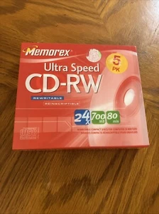 Memorex 5 Pack Rewritable Ultra Speed CD-RW 24x 700mb, 80 mins, New Sealed - Picture 1 of 2