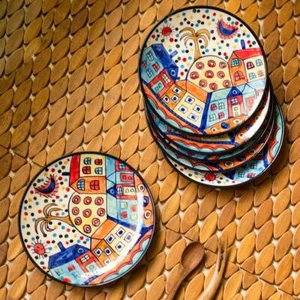 Ceramic Hut Printed Quarter Plates Set, 6-Pieces, Multicolour - Picture 1 of 4