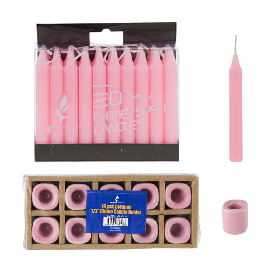 Mega Candles - Ceramic 1/2" Chime / Spell Candle Holder with Candles - PinkSet