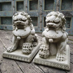 Pair of Foo Dog Stone Statues | Oriental Dragon Animal Buddha Garden Ornament - Picture 1 of 2