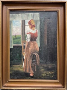 Impressionista Giovane Donna Am Aperto Finestra Quadro a Olio 1947 Datato - Bild 1 von 13