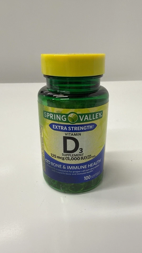 Cápsulas blandas dietéticas Spring Valley vitamina D3 salud inmune ósea, 125 mcg, 100 unidades Foto 1 de 1