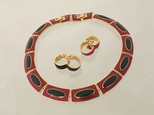 MONET Red & Black Enamel Gold-Plated Necklace | TWO Pairs of Earrings! - Foto 1 di 11