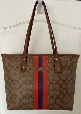 NEW Coach Varsity Signature Stripe City Zip Tote Bag 38405 Lt Gold /Watermelon - Image 1 of 4