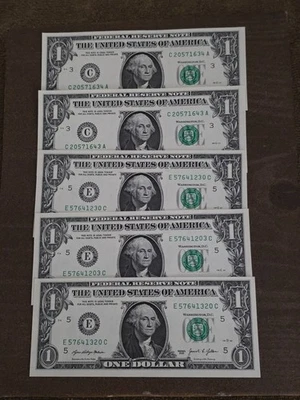 Lot 5 $1 fancy serial numbers broken ladders UNC digits 0 through 7 ungraded - Image 1 of 3
